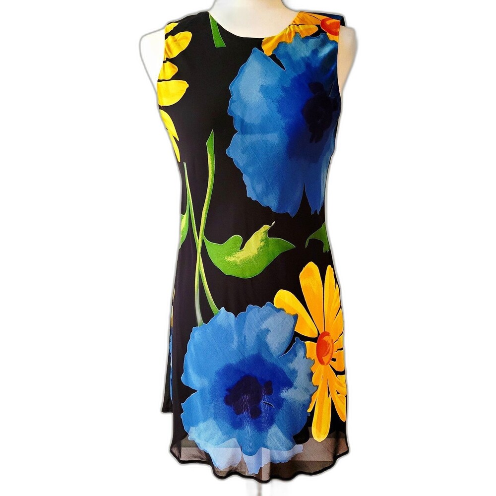 Tessuto Petites Floral Chiffon Shift Dress Blue Yellow Black Lined Made in USA